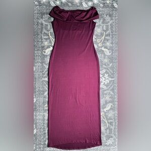 NIA Clara Dress in Oxblood long off shoulder bodcon dress